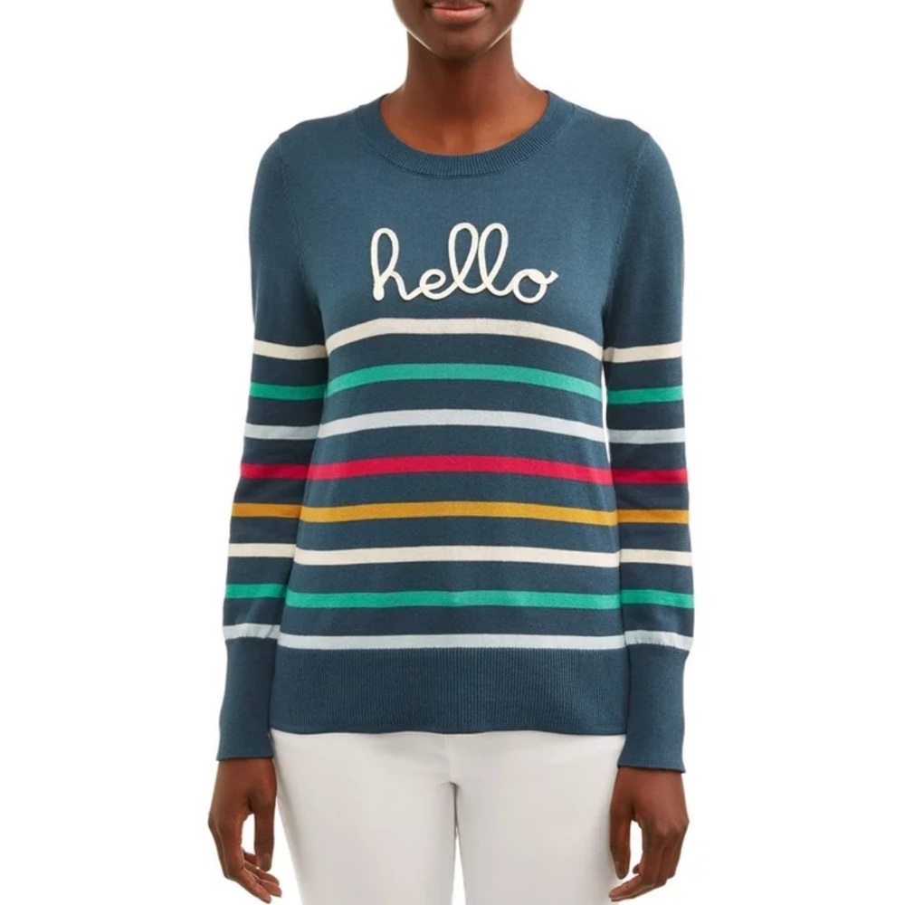 Time and Tru HELLO Long Sleeve Striped Graphic Pullover Slim Sweater